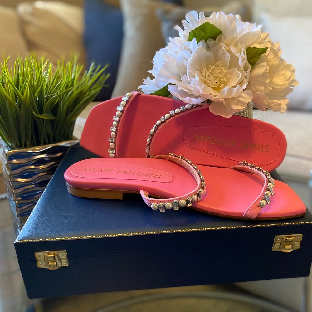 STUART WEITZMAN Hot pink leather Aleena Shine pearl-embellished